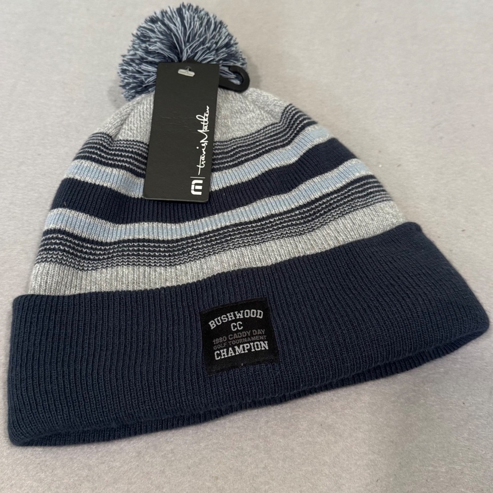 Travis Mathew Doggie Paddle 2.0 Beanie Mens Blue Bushwood CC Pom Knit Hat